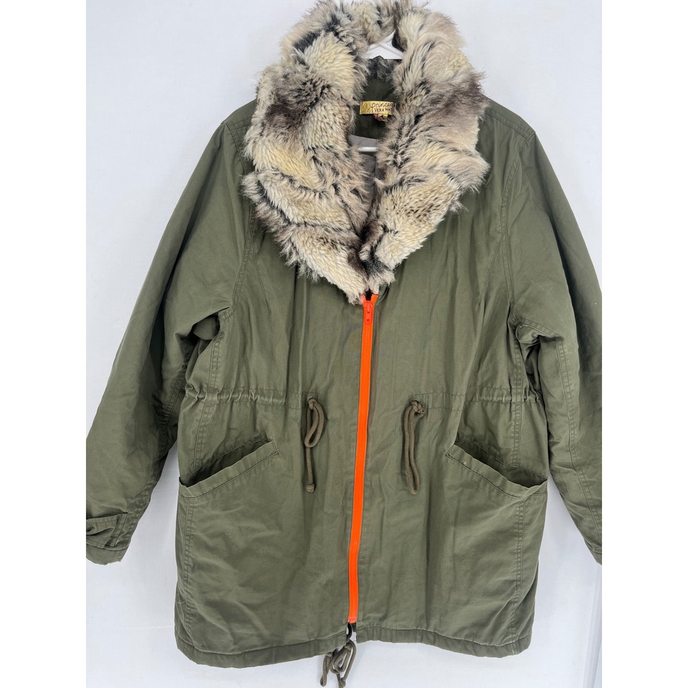 Princess Vera Wang Parka Womens XL Faux Fur Collar Utility Jacket Green Orange